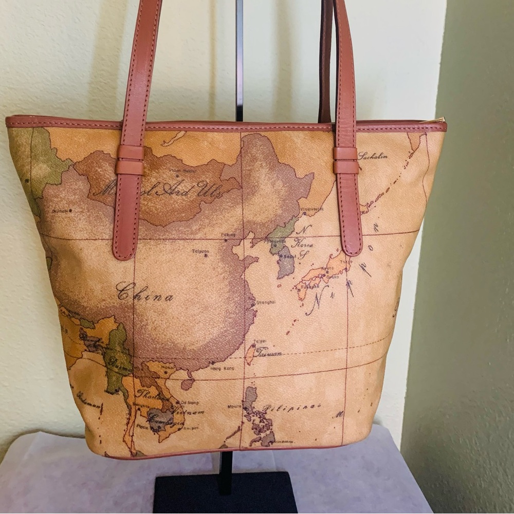 Alviero Martini Tan and Brown Map Print Tote
